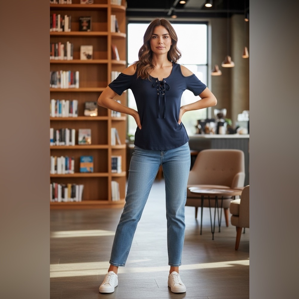 YOINS Navy Lace-Up Cold Shoulder Top
